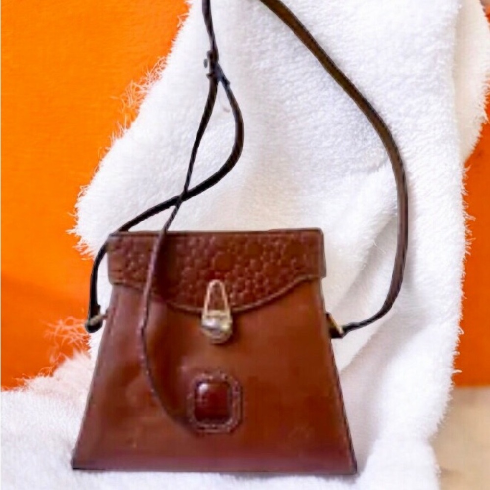 Linea Gani Brown Leather Hard Case Handbag Vintage 70's Crossbody Croc Trim